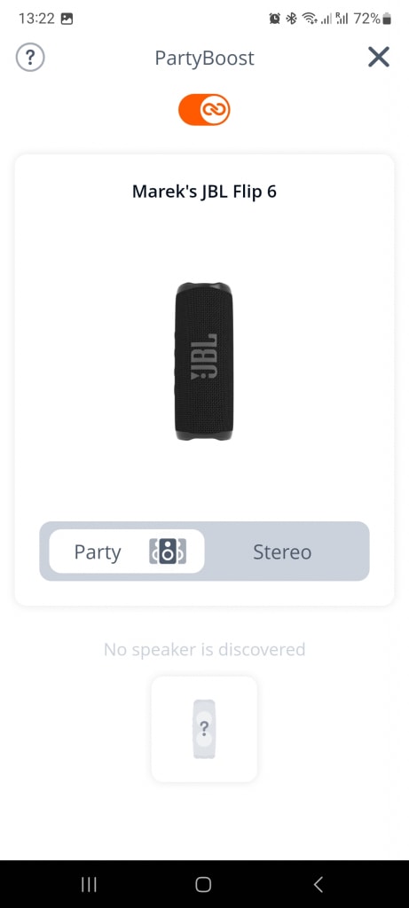 A JBL Portable alkalmazás PartyBoost szekciója