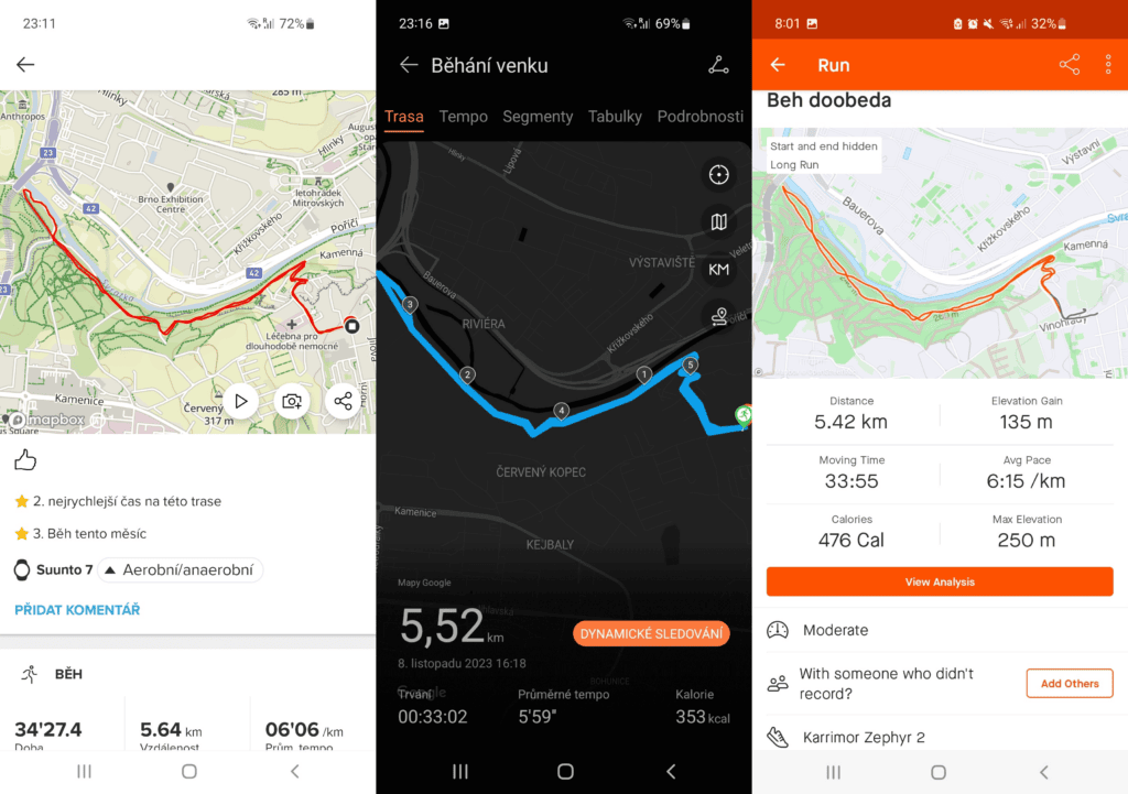 Az útvonal rögzítése nagyobb pontatlanságok nélkül zajlott (balról Suunto 7, Huawei Watch GT4, Strava)